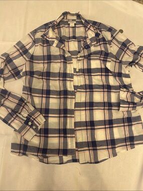 J. Crew Navy and Pink Plaid Button-Down Shirt